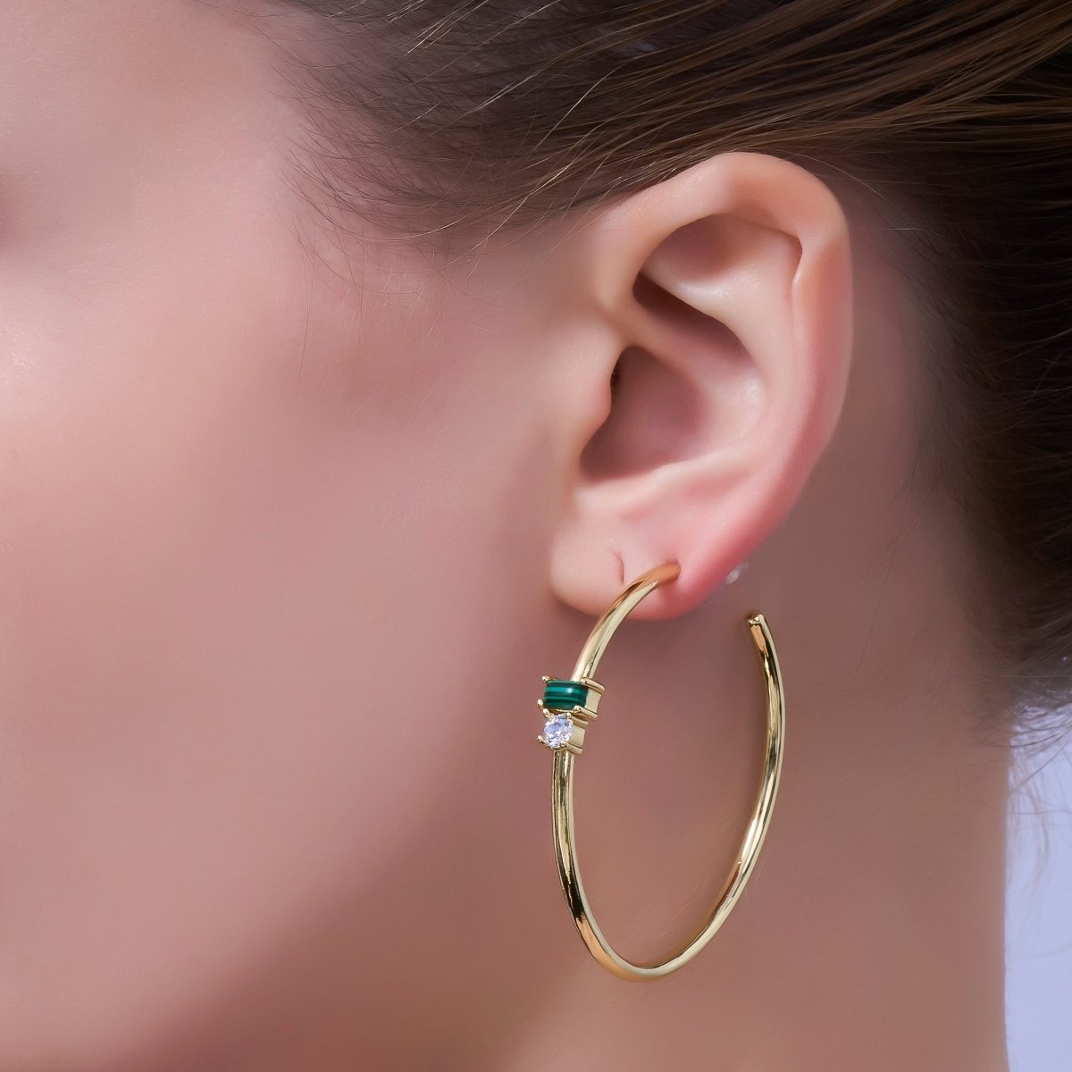 24K Gold Filled 50mm Clear CZ Malachite C - Shaped Hoop Earrings | AD473 - DLUXCA