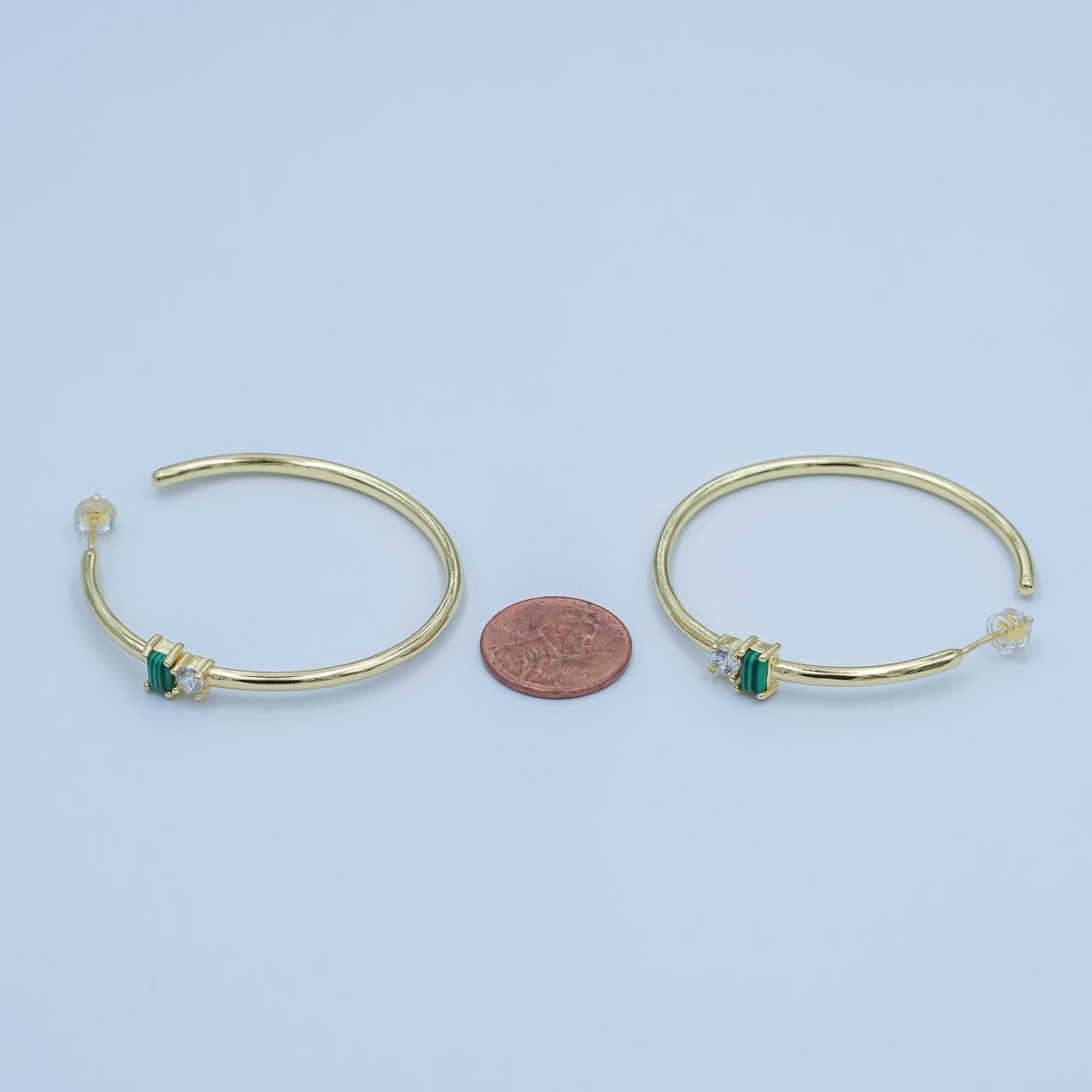 24K Gold Filled 50mm Clear CZ Malachite C - Shaped Hoop Earrings | AD473 - DLUXCA