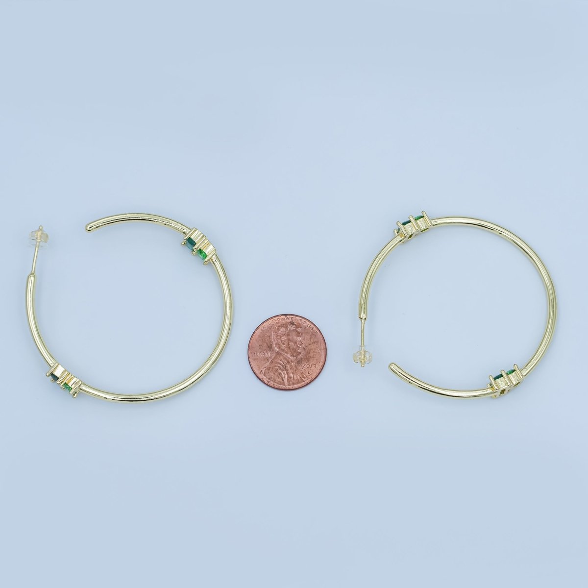 24K Gold Filled 50mm Green Baguette Round CZ C - Shaped Hoop Earrings | AD367 - DLUXCA