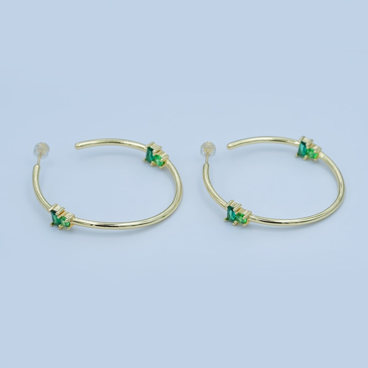 24K Gold Filled 50mm Green Baguette Round CZ C - Shaped Hoop Earrings | AD367 - DLUXCA
