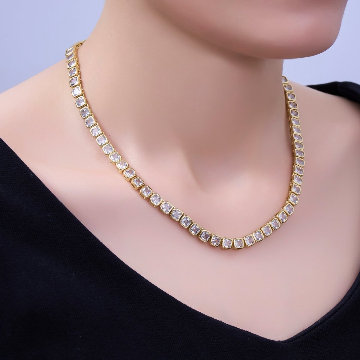 24K Gold Filled 5.3mm Square CZ Tennis Chain 16 Inch Necklace | WA - 2753 - DLUXCA