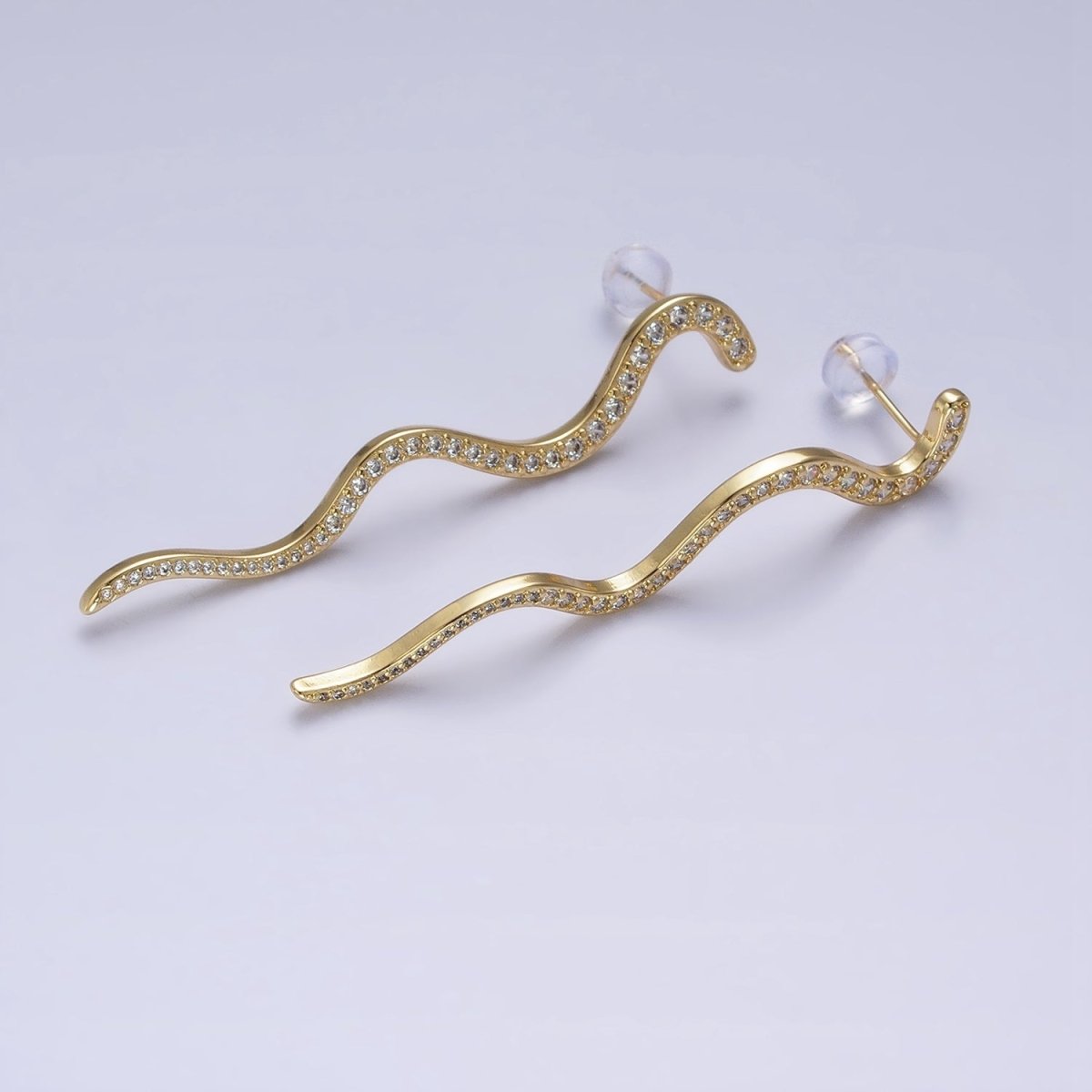 24K Gold Filled 55.7mm Slither Snake Micro Paved CZ Geometric Drop Stud Earrings | AB726 - DLUXCA