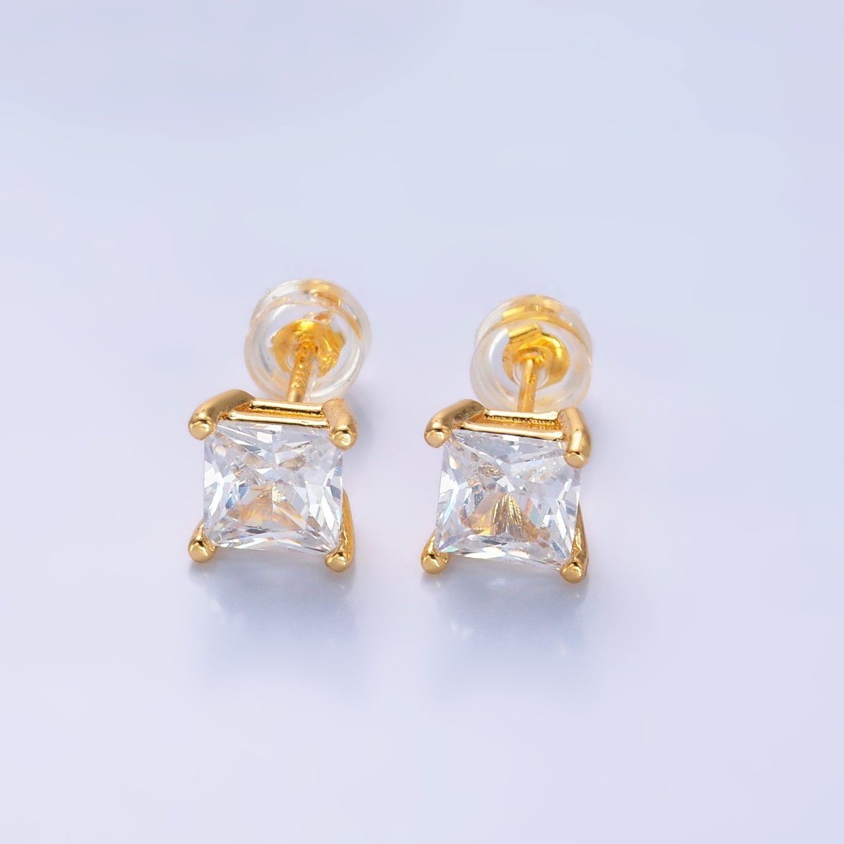 24K Gold Filled 5mm, 6mm, 7mm, 9mm Clear CZ Square Baguette Stud Earrings | AB168 - AB185