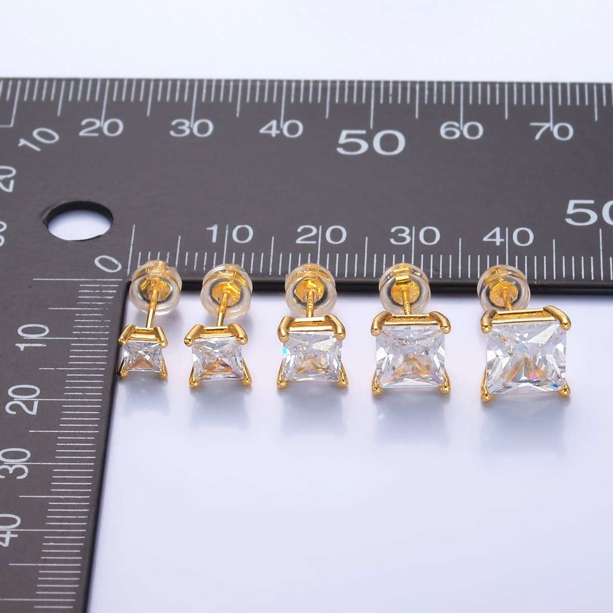 24K Gold Filled 5mm, 6mm, 7mm, 9mm Clear CZ Square Baguette Stud Earrings | AB168 - AB185