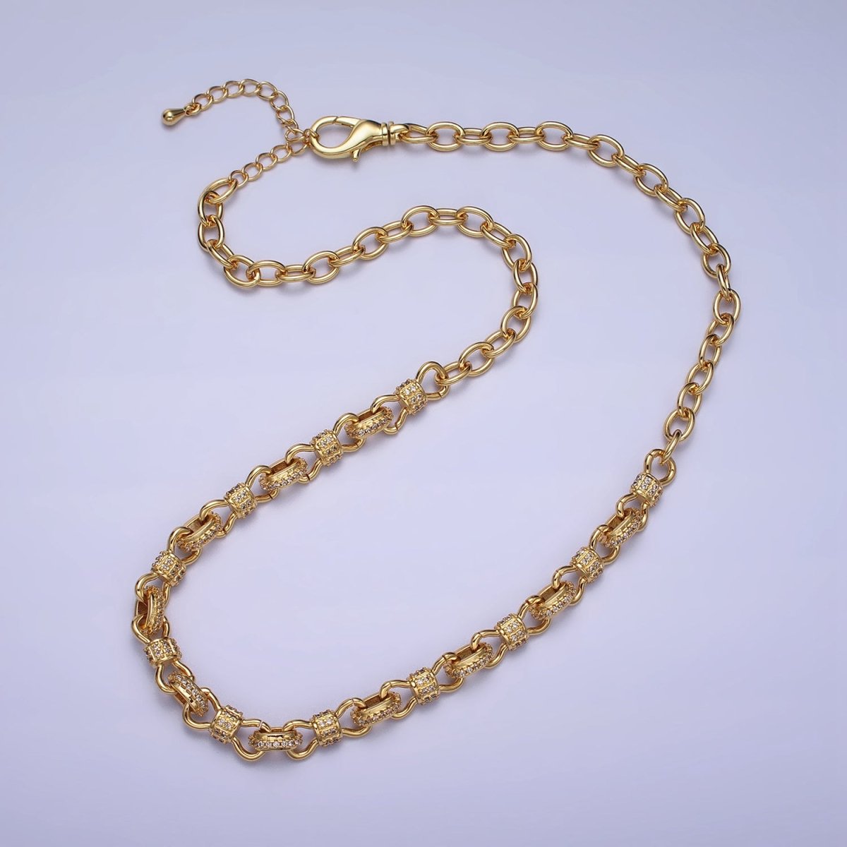 24K Gold Filled 6.5mm Half Micro Paved CZ Figure Eight Bow Cable Link 17 Inch Chain Necklace | WA-1676 WA-1677 Clearance Pricing