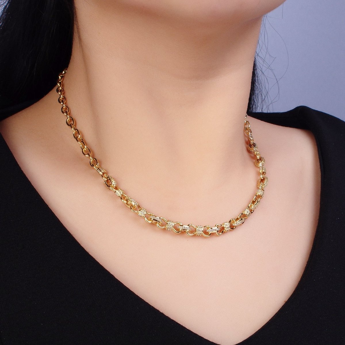 24K Gold Filled 6.5mm Half Micro Paved CZ Figure Eight Bow Cable Link 17 Inch Chain Necklace | WA-1676 WA-1677 Clearance Pricing