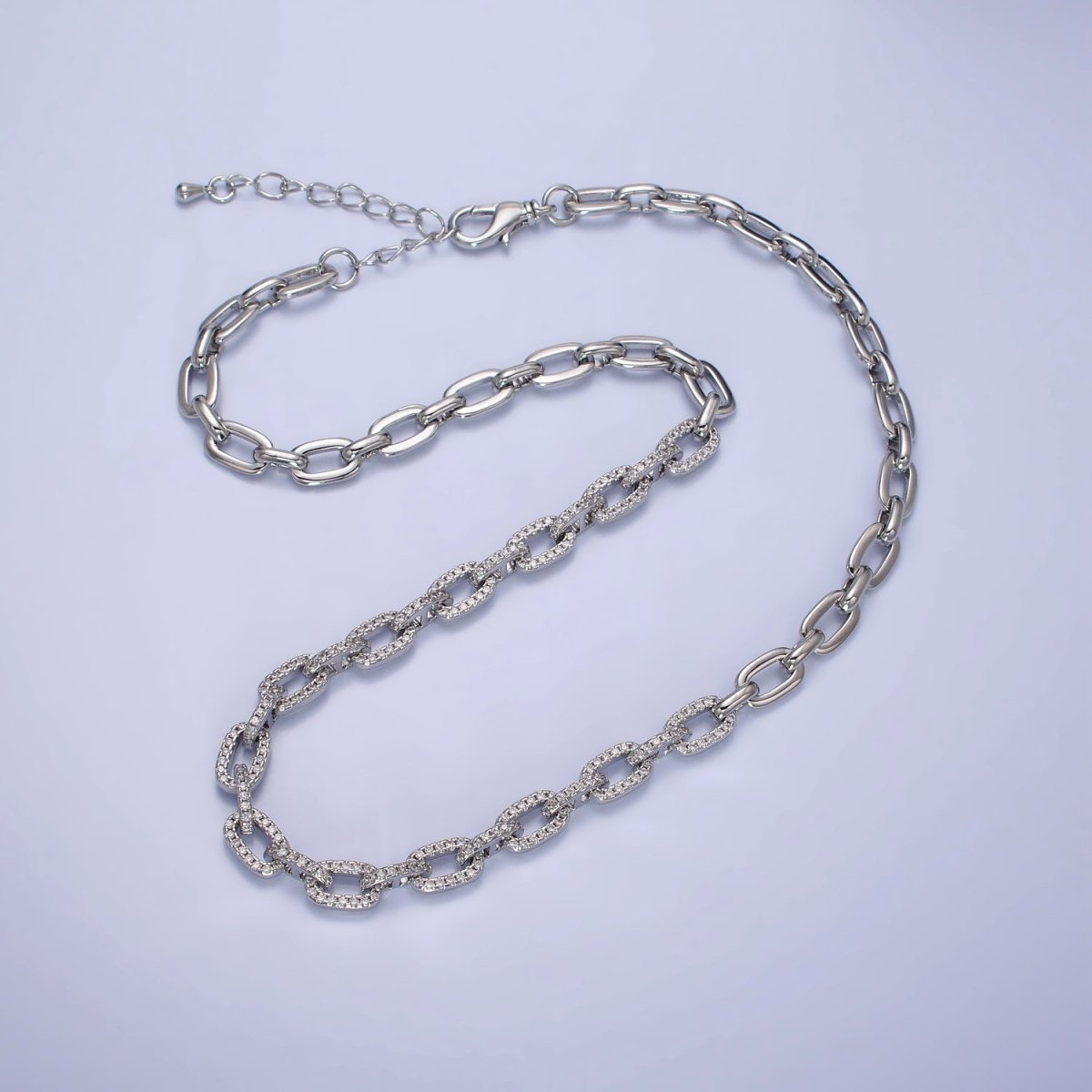 24K Gold Filled 6.5mm Half Micro Paved CZ Paperclip 17 Inch Chain Necklace in Gold & Silver | WA-1674 WA-1675 Clearance Pricing
