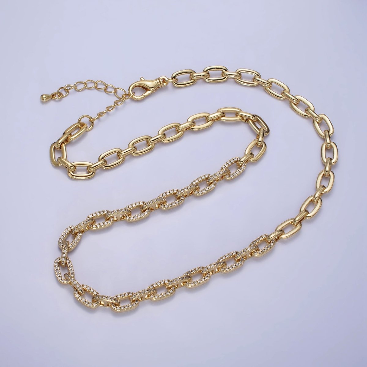 24K Gold Filled 6.5mm Half Micro Paved CZ Paperclip 17 Inch Chain Necklace in Gold & Silver | WA-1674 WA-1675 Clearance Pricing