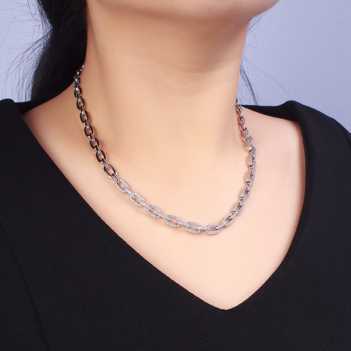 24K Gold Filled 6.5mm Half Micro Paved CZ Paperclip 17 Inch Chain Necklace in Gold & Silver | WA-1674 WA-1675 Clearance Pricing