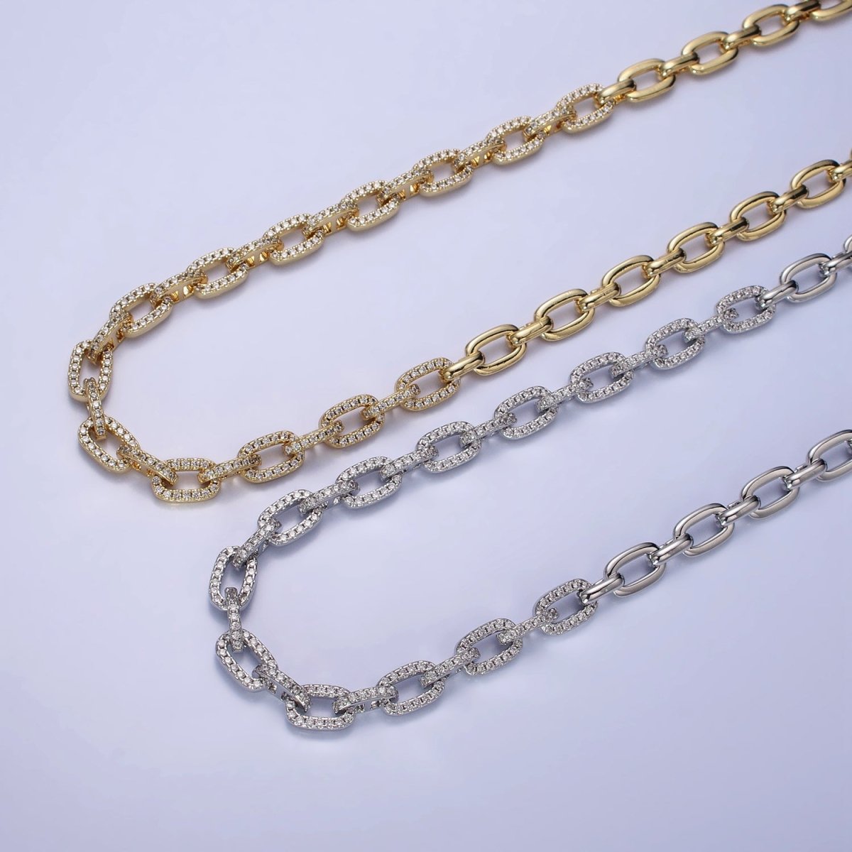 24K Gold Filled 6.5mm Half Micro Paved CZ Paperclip 17 Inch Chain Necklace in Gold & Silver | WA-1674 WA-1675 Clearance Pricing