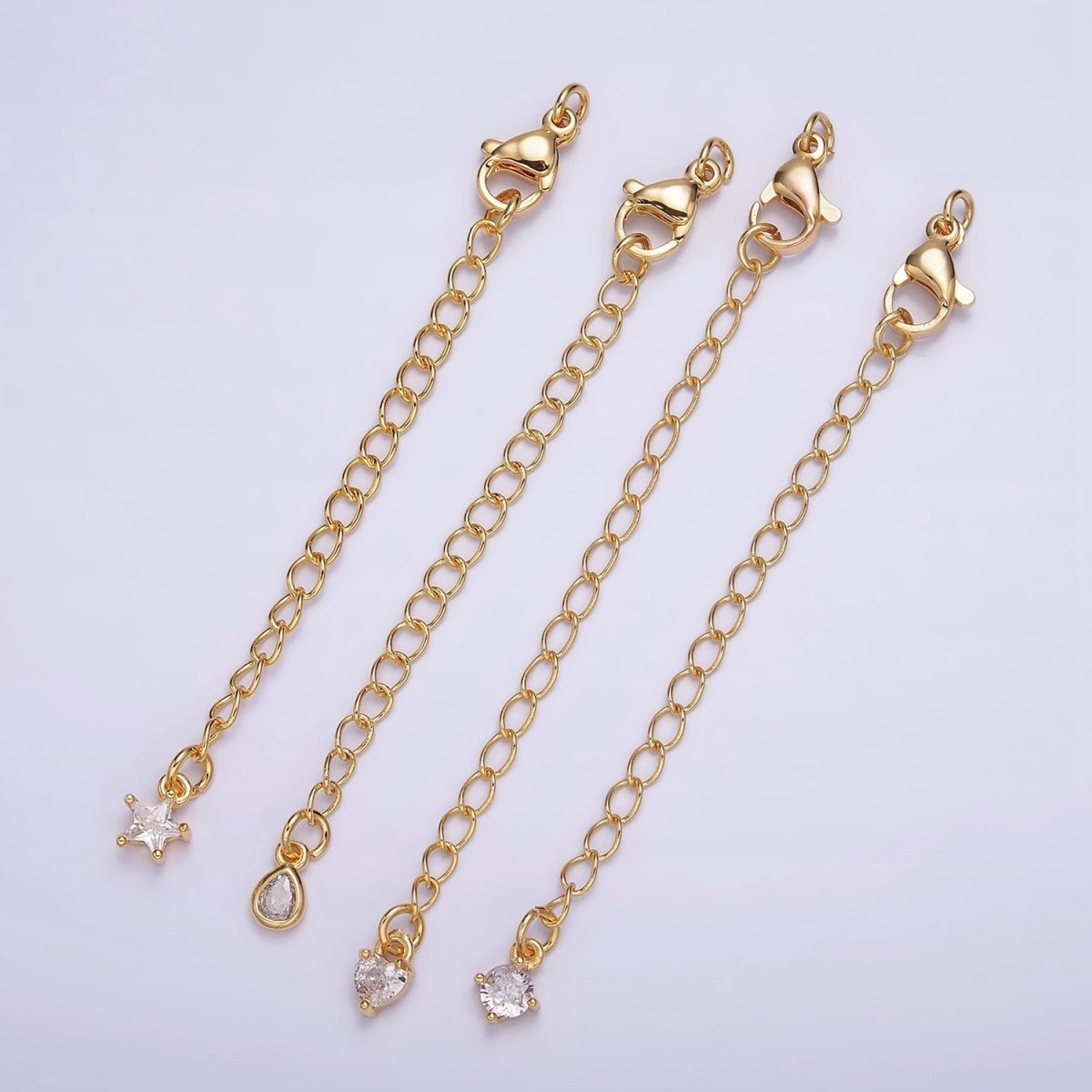 24K Gold Filled 2.5-Inch Round, Heart, Teardrop, Star CZ Drop Extender Lobster Clasps Closure Set Finding | Z453 - Z456