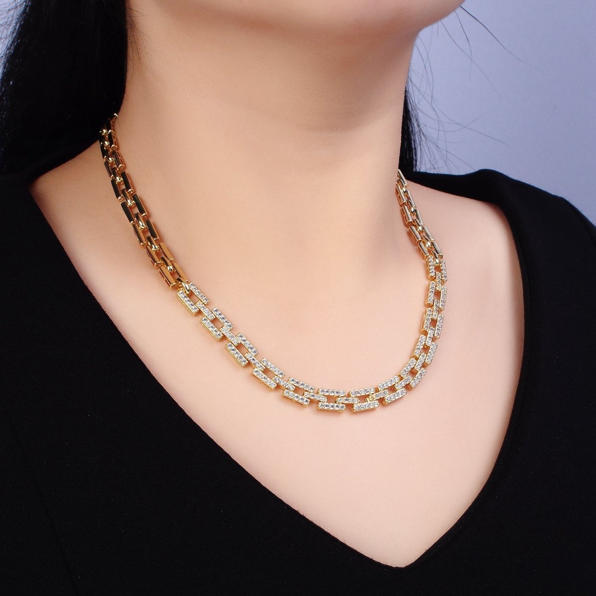 24K Gold Filled 7.5mm Half Micro Paved CZ Boxy Paperclip Link 17 Inch Chain Necklace | WA-1611 WA-1612 Clearance Pricing