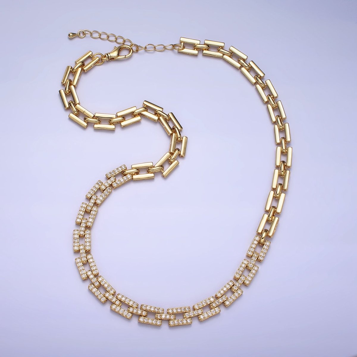 24K Gold Filled 7.5mm Half Micro Paved CZ Boxy Paperclip Link 17 Inch Chain Necklace | WA-1611 WA-1612 Clearance Pricing
