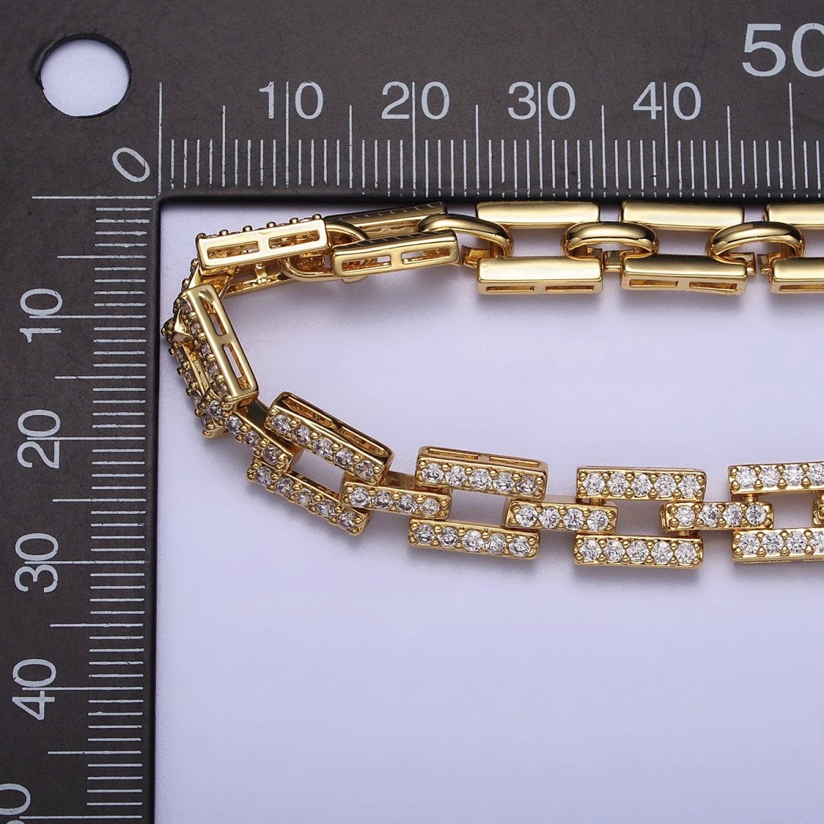 24K Gold Filled 7.5mm Half Micro Paved CZ Boxy Paperclip Link 17 Inch Chain Necklace | WA-1611 WA-1612 Clearance Pricing