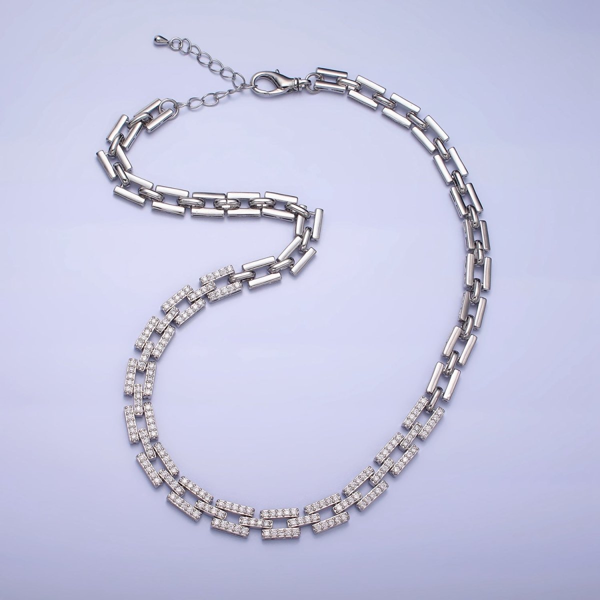 24K Gold Filled 7.5mm Half Micro Paved CZ Boxy Paperclip Link 17 Inch Chain Necklace | WA-1611 WA-1612 Clearance Pricing