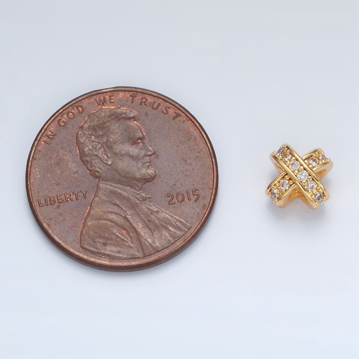 24K Gold Filled 7mm Micro Paved CZ Double Crossed Band Bead in Gold & Silver | B396