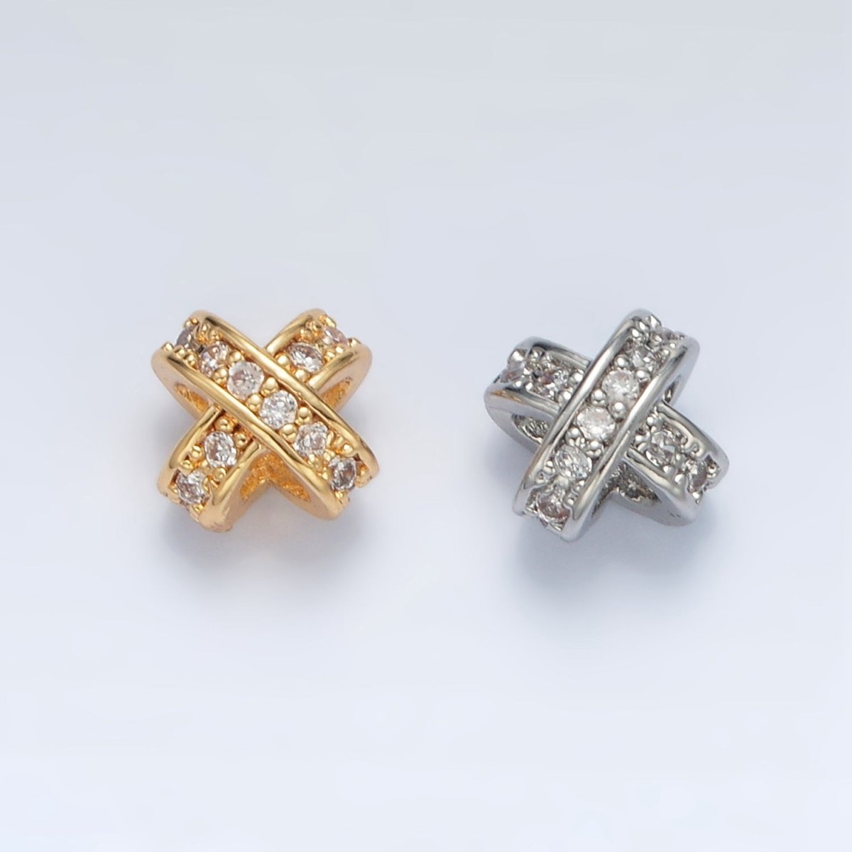 24K Gold Filled 7mm Micro Paved CZ Double Crossed Band Bead in Gold & Silver | B396