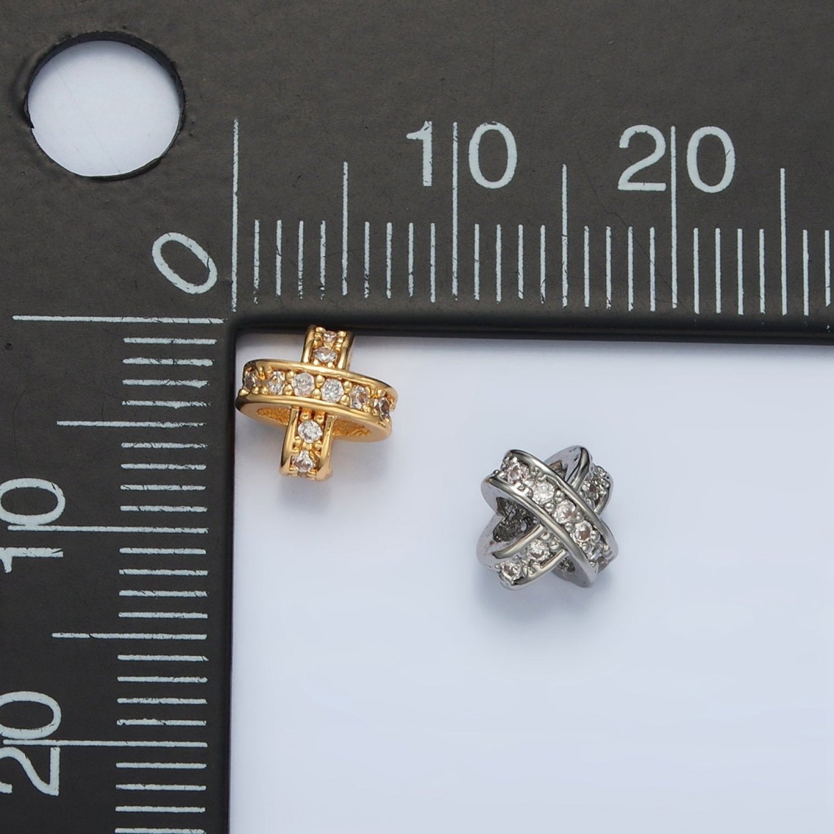 24K Gold Filled 7mm Micro Paved CZ Double Crossed Band Bead in Gold & Silver | B396