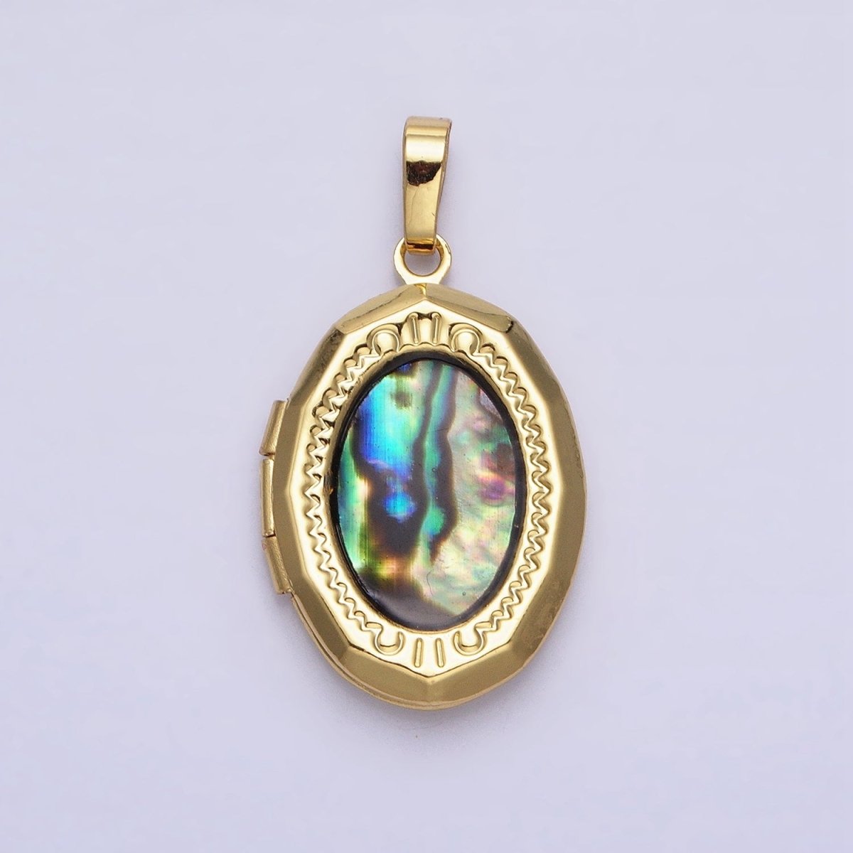 24K Gold Filled Abalone Oval Geometric Engraved Locket in Gold & Silver | AA-369 AA-370