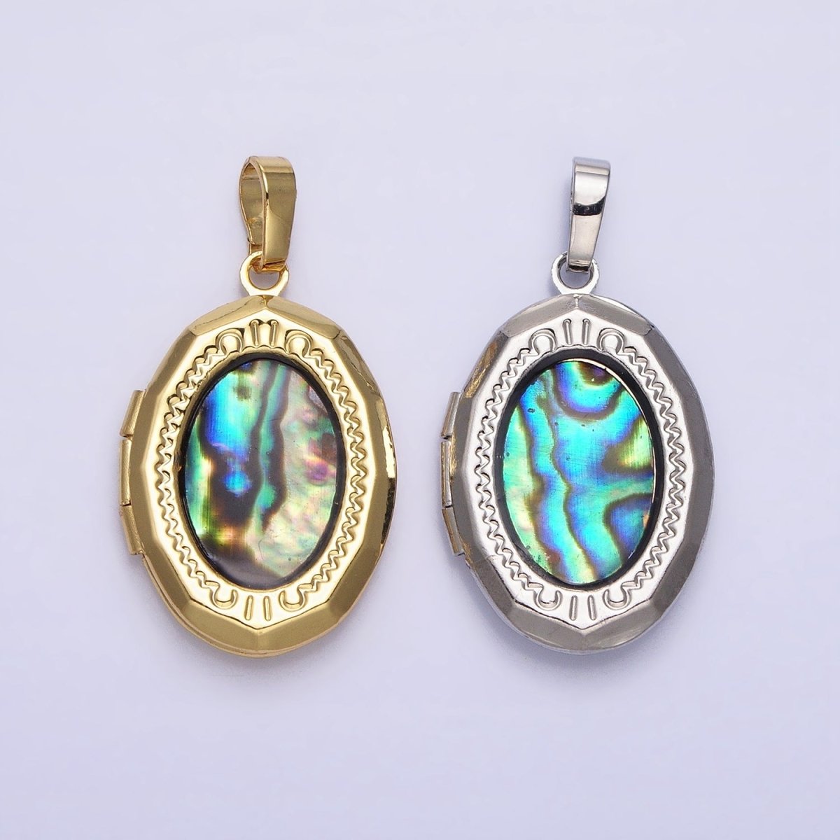 24K Gold Filled Abalone Oval Geometric Engraved Locket in Gold & Silver | AA-369 AA-370