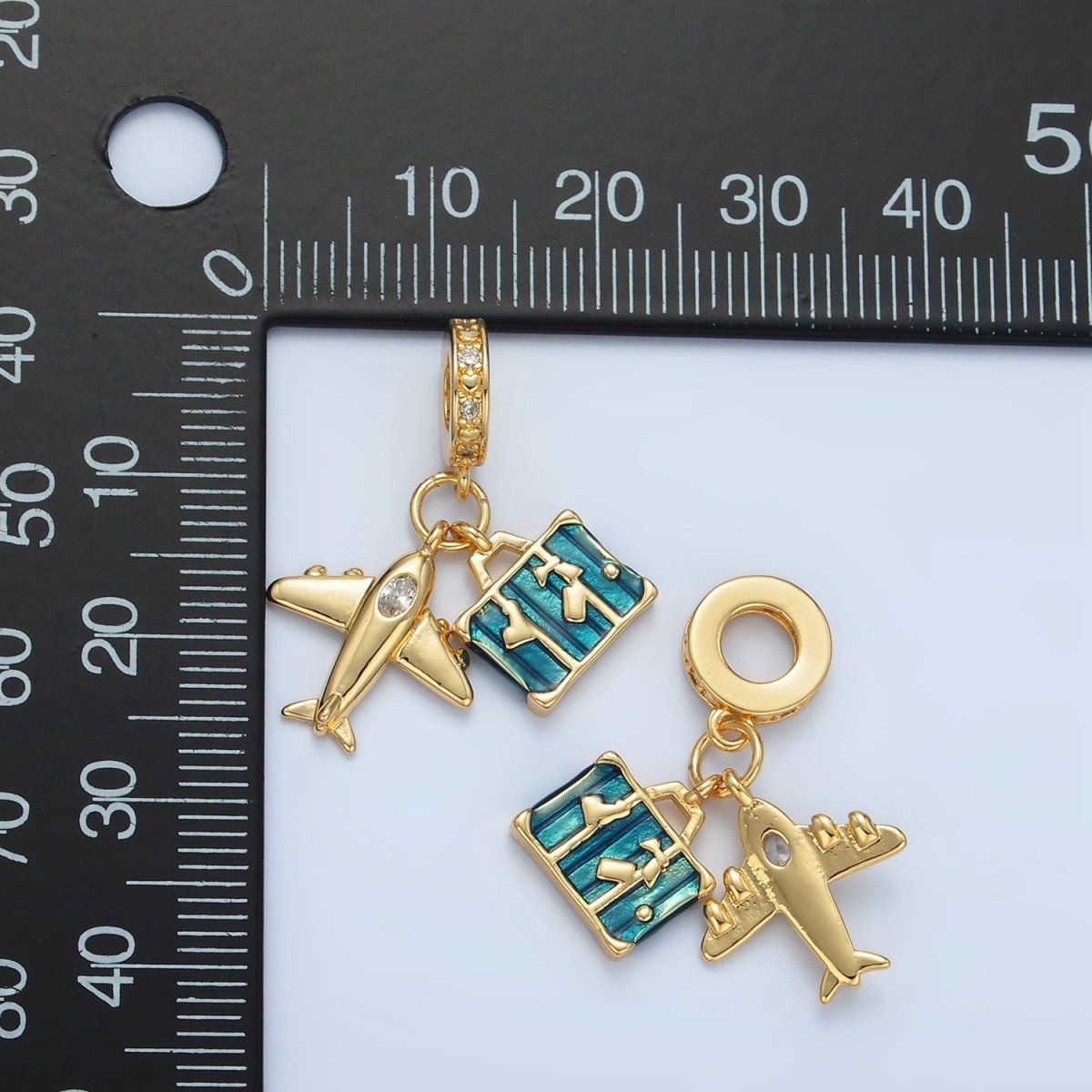 24K Gold Filled Airplane Suitcase Micro Paved CZ Rhondelle Bail Drop Travel Pendant | E362 - DLUXCA