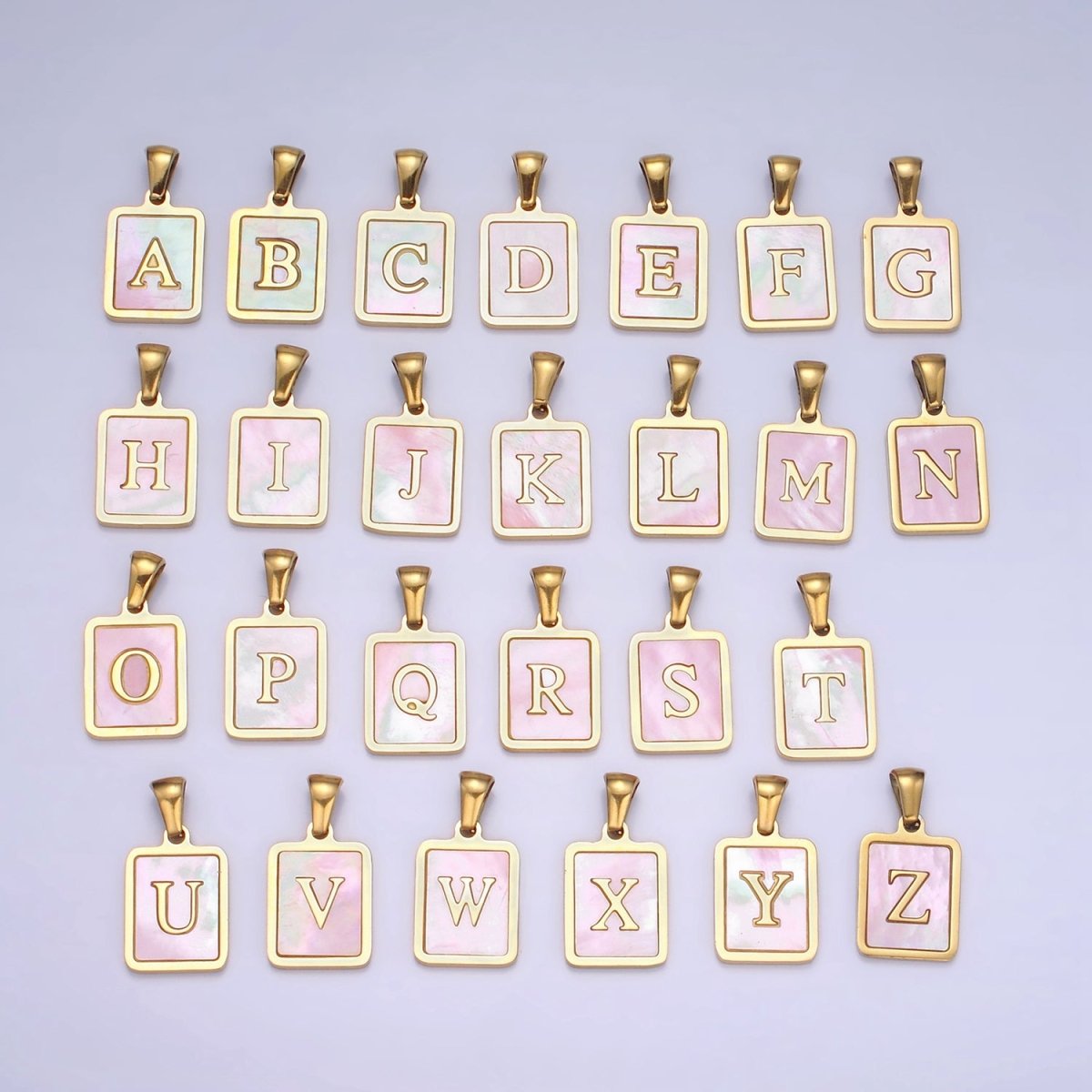 24K Gold Filled Alphabet Letter Pink Shell Pearl Bezel Pendant | A-A1565-A-A1577