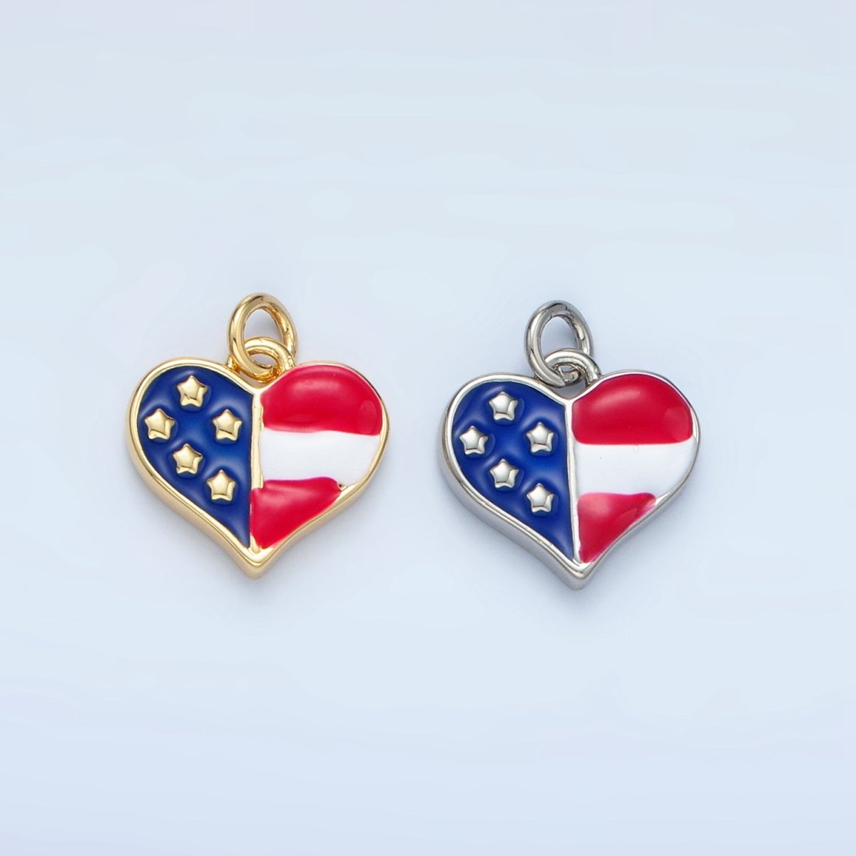 24K Gold Filled America Flag Enamel Heart Charm in Gold & Silver | N804