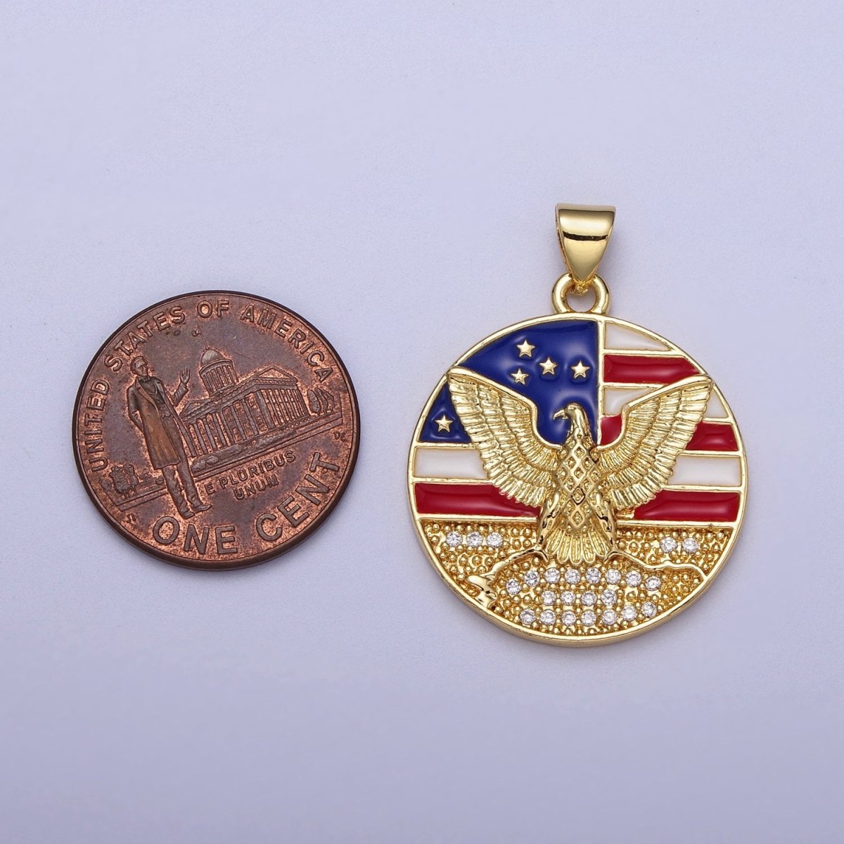 24K Gold Filled American Flag Enamel Flying Eagle Micro Paved Round Pendant I-273 - DLUXCA