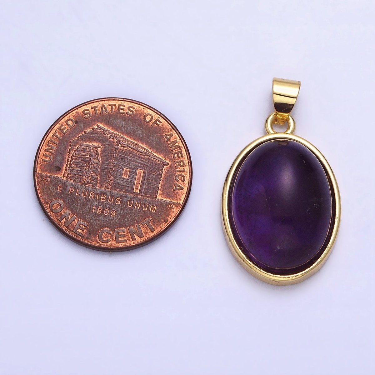 24K Gold Filled Amethyst Natural Gemstone 30mm, 25mm, 20mm Cabochon Oval Bezel Pendant | AA324 - AA326
