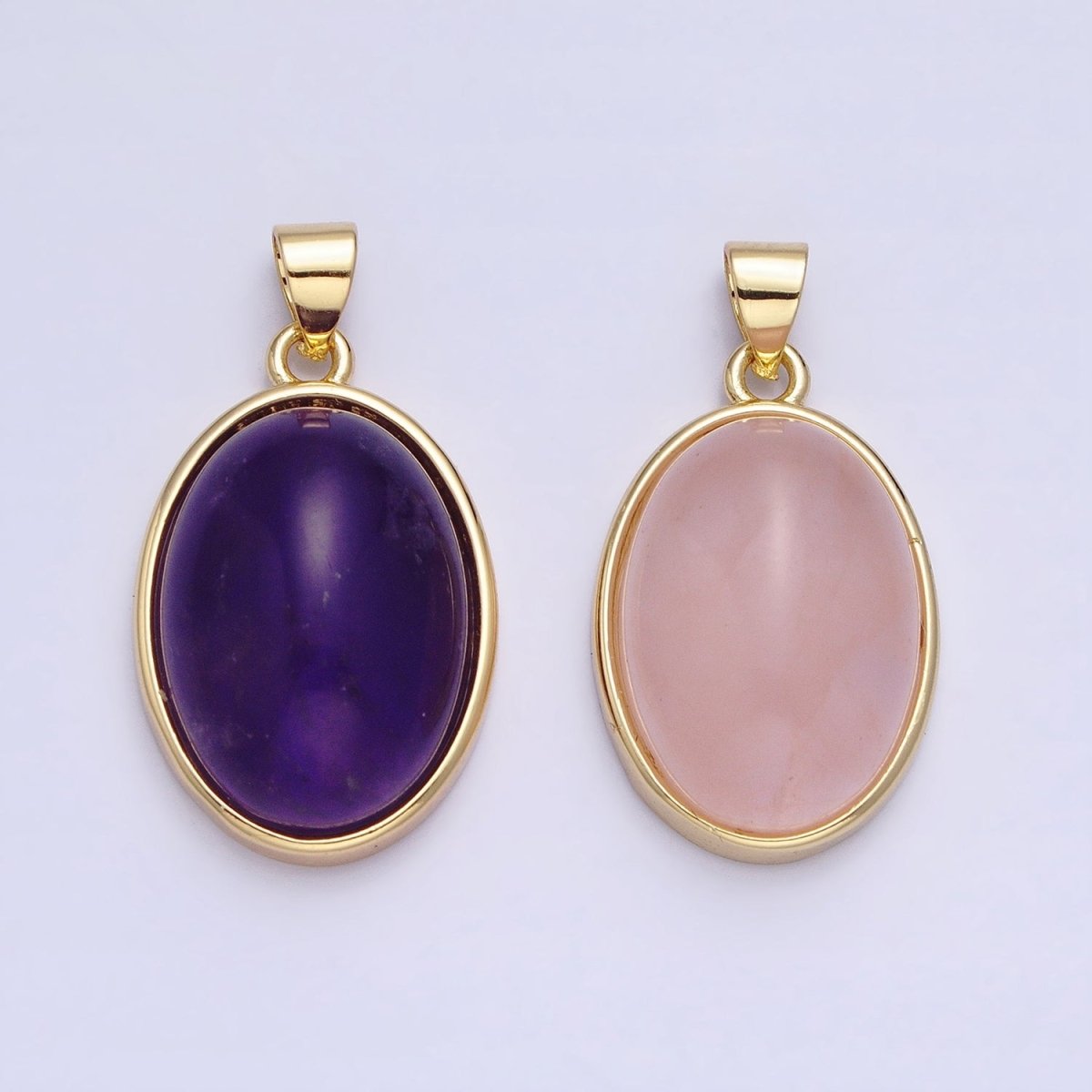 24K Gold Filled Amethyst, Rose Quartz Natural Gemstone 27.3mm Cabochon Bezel Oval Pendant | AA327 AA329