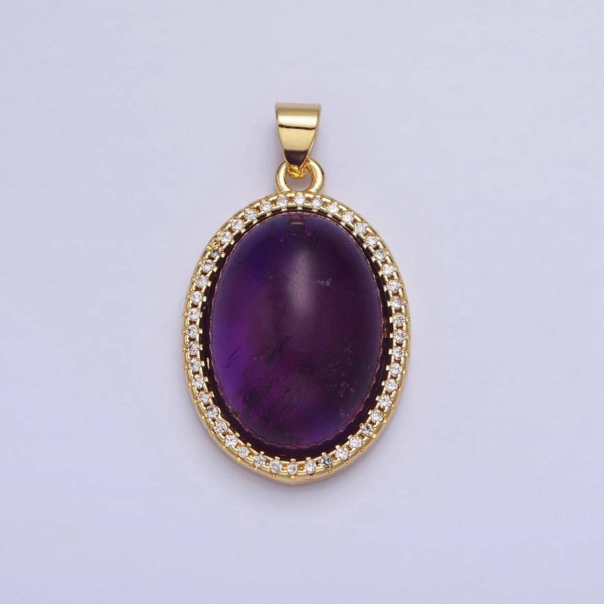 24K Gold Filled Amethyst, Rose Quartz Natural Gemstone Micro Paved CZ 22.5mm Oval Cabochon Pendant | AA184 AA341