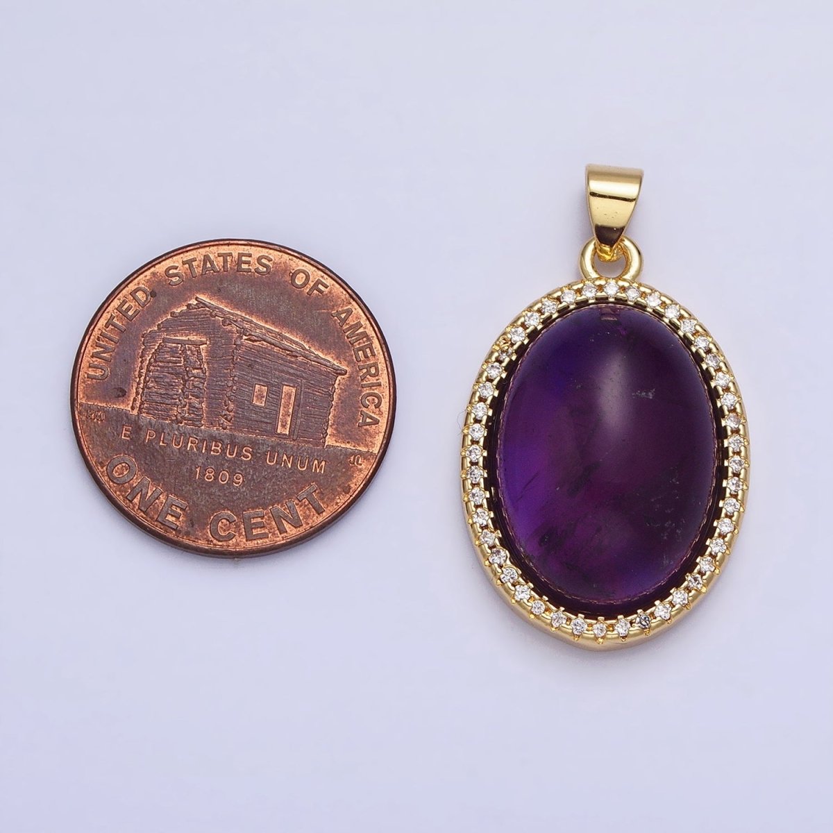 24K Gold Filled Amethyst, Rose Quartz Natural Gemstone Micro Paved CZ 22.5mm Oval Cabochon Pendant | AA184 AA341