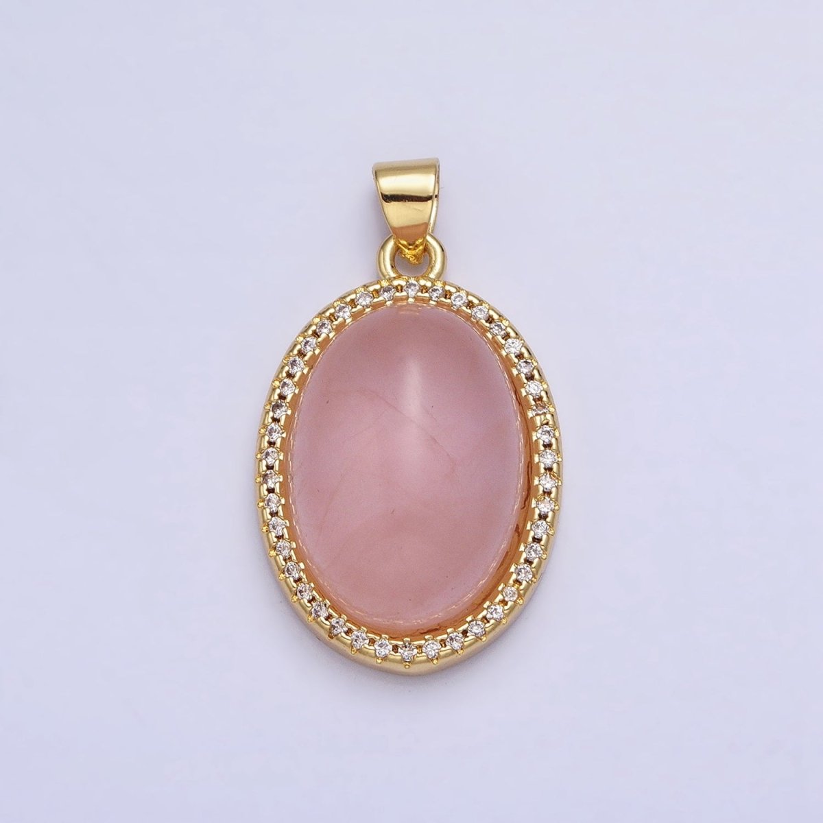 24K Gold Filled Amethyst, Rose Quartz Natural Gemstone Micro Paved CZ 22.5mm Oval Cabochon Pendant | AA184 AA341