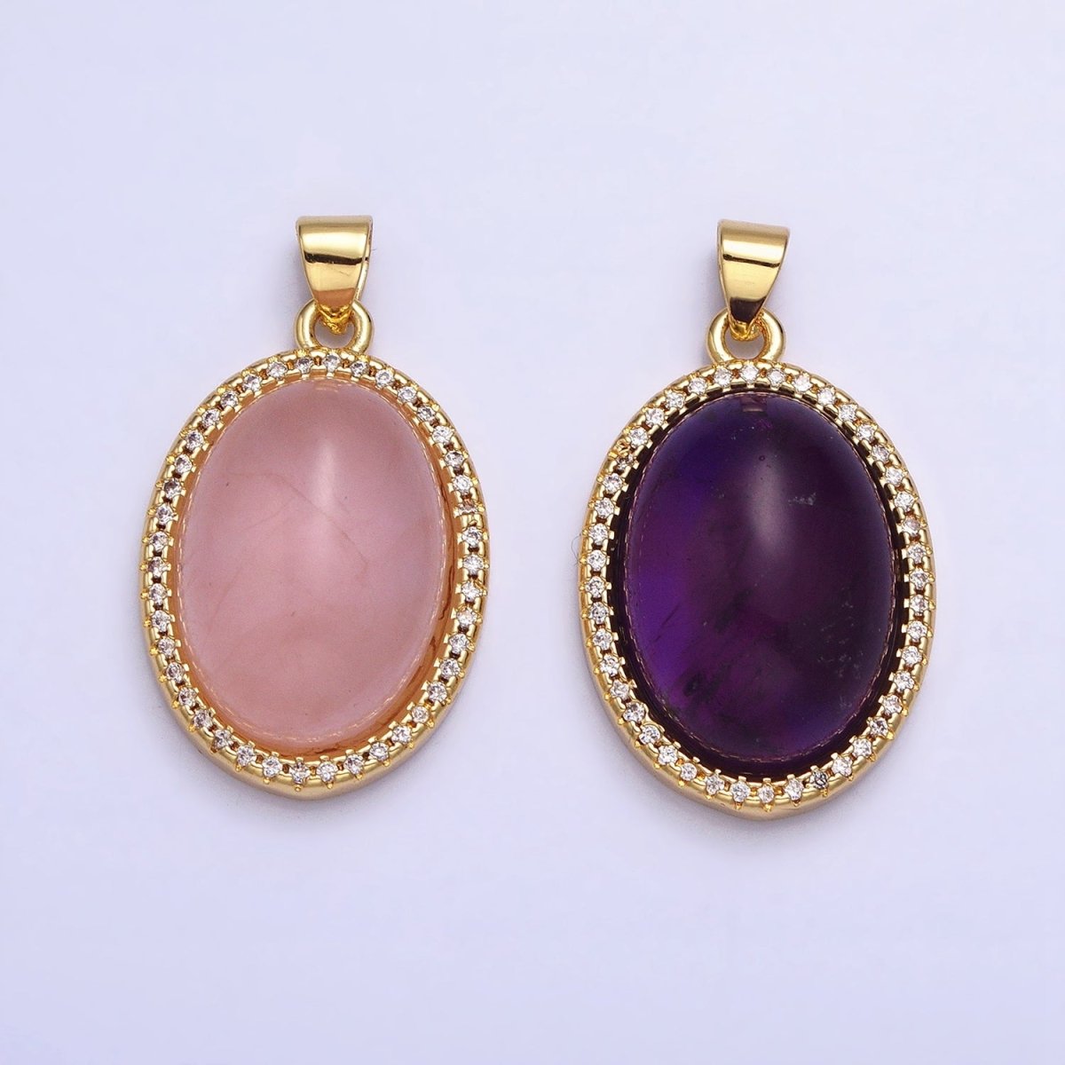 24K Gold Filled Amethyst, Rose Quartz Natural Gemstone Micro Paved CZ 22.5mm Oval Cabochon Pendant | AA184 AA341