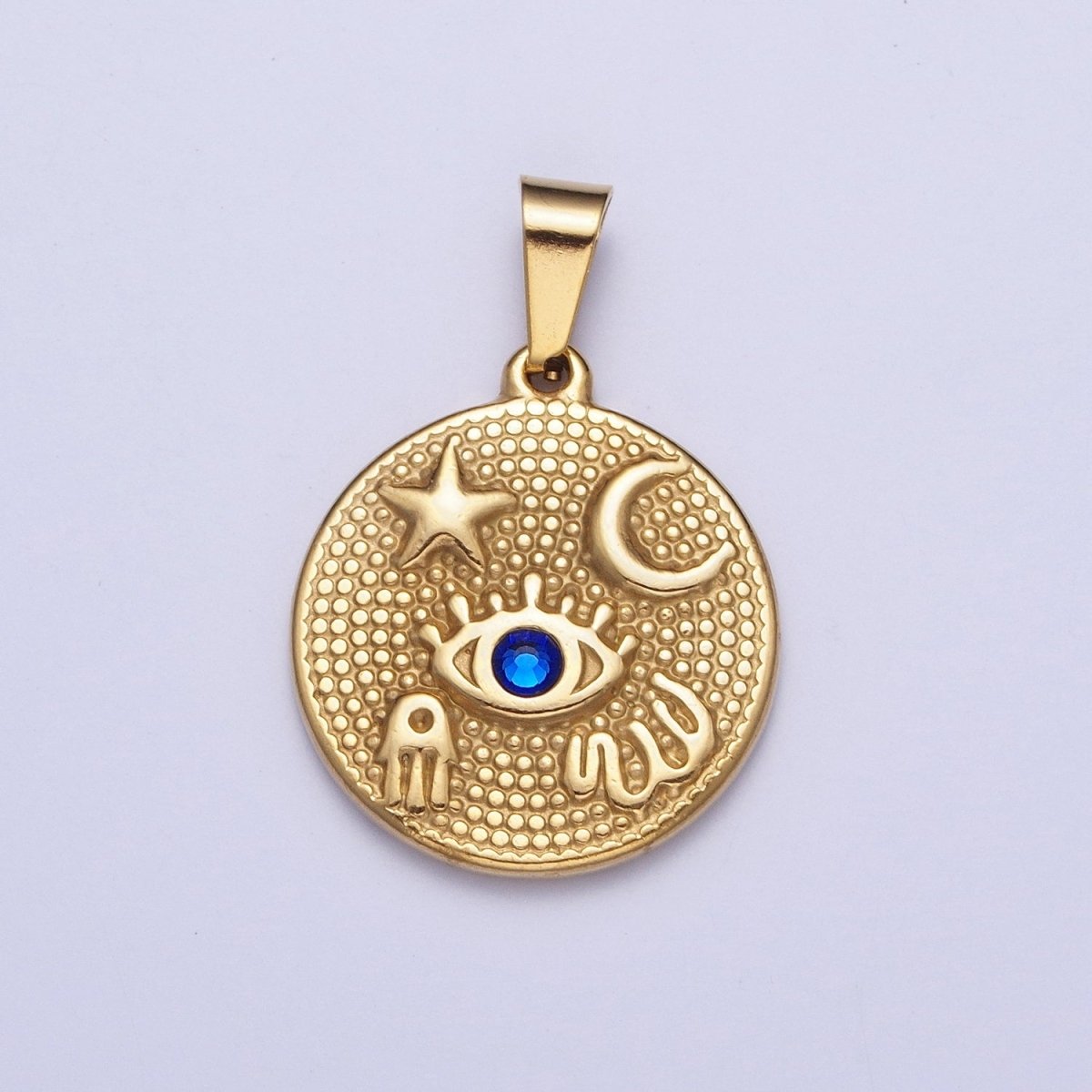 24k Gold Filled Amulet Pendant Lucky Coin with Evil Eye Moon Star Hamsa Hand Charm X-651 - DLUXCA