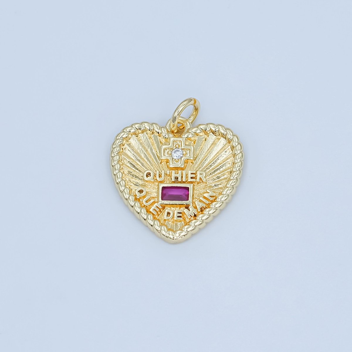 24K Gold Filled Augis Love French "Qu'hier Que Demain" CZ Sunburst Heart Charm | M626 - DLUXCA