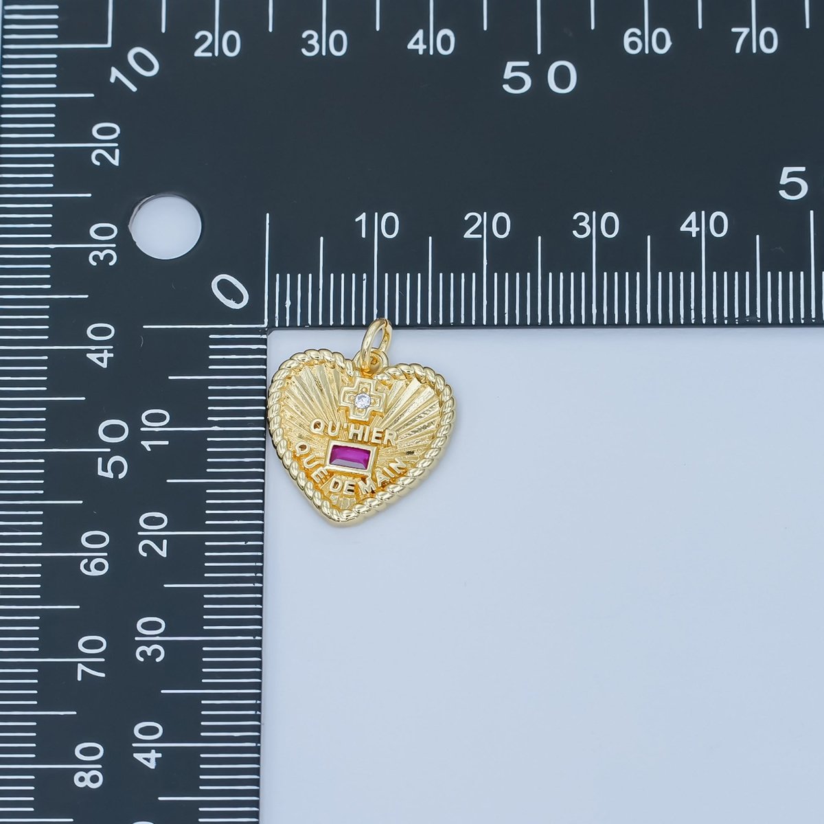 24K Gold Filled Augis Love French "Qu'hier Que Demain" CZ Sunburst Heart Charm | M626 - DLUXCA