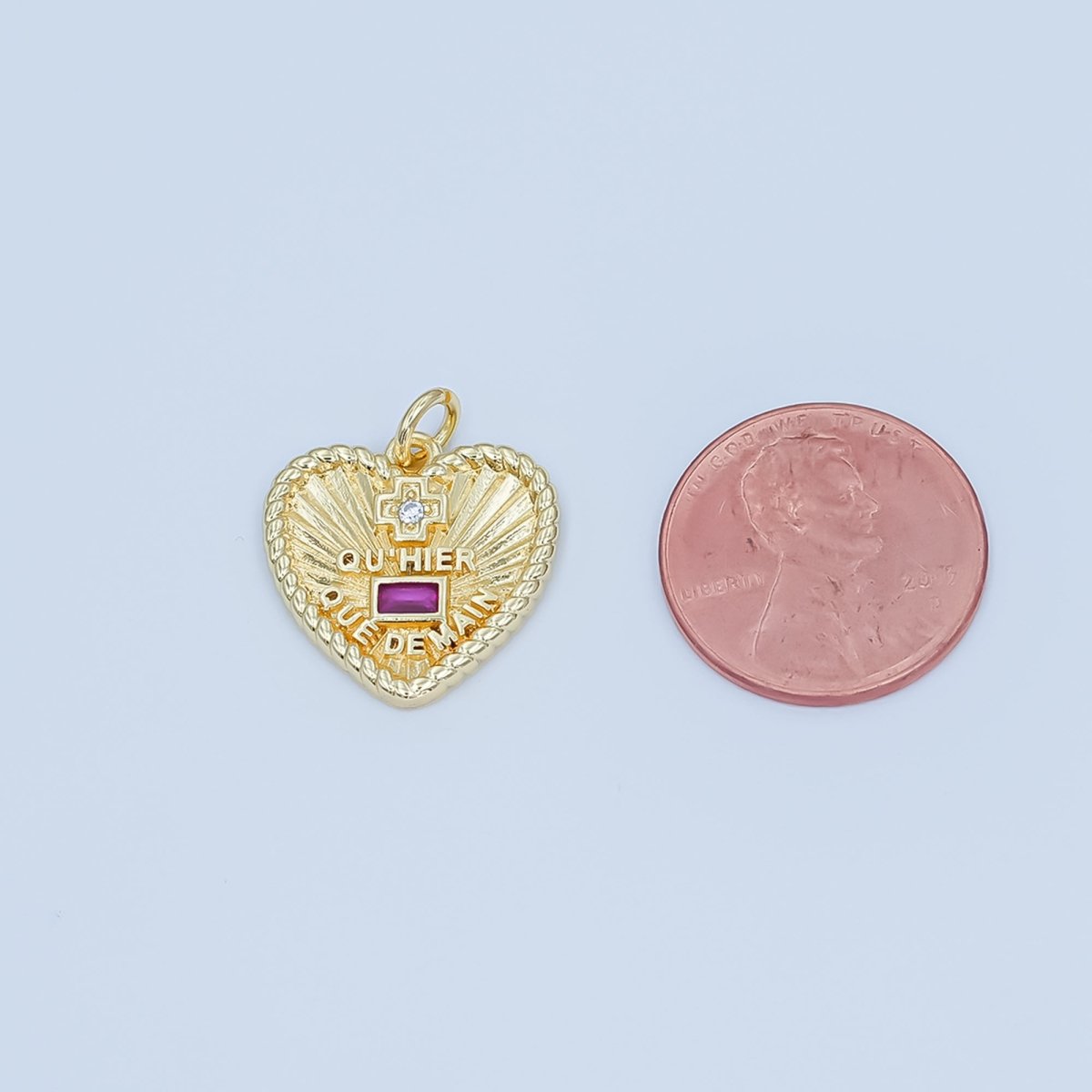 24K Gold Filled Augis Love French "Qu'hier Que Demain" CZ Sunburst Heart Charm | M626 - DLUXCA