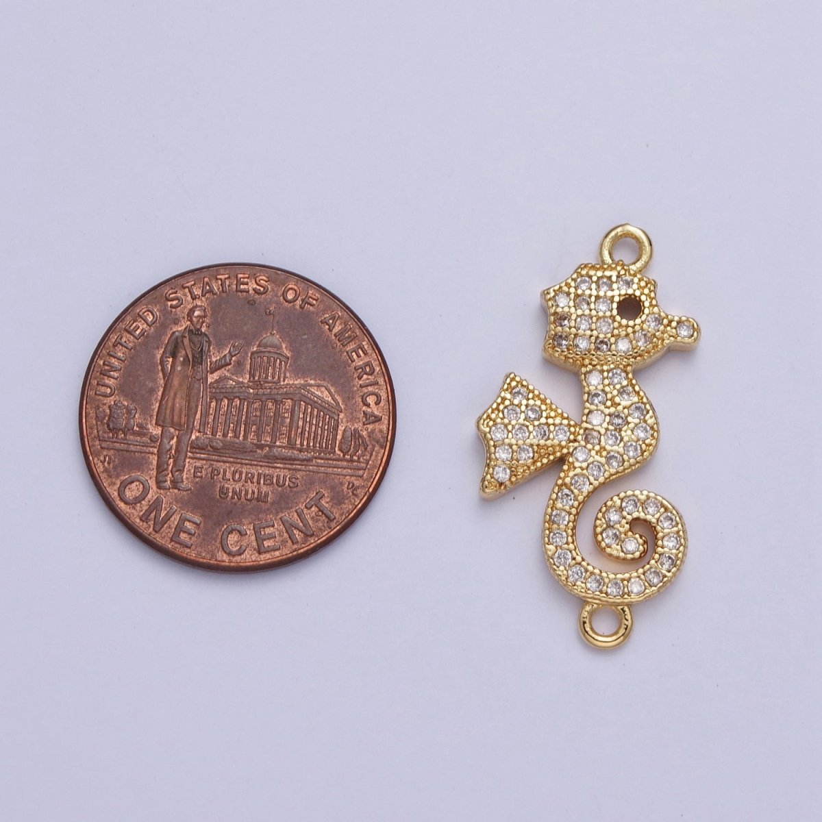 24K Gold Filled Baby Seahorse Ocean Wildlife Connector Charm, Micro Pave Cubic Zirconia Sea Animal Component For Jewelry Making G-883 - DLUXCA