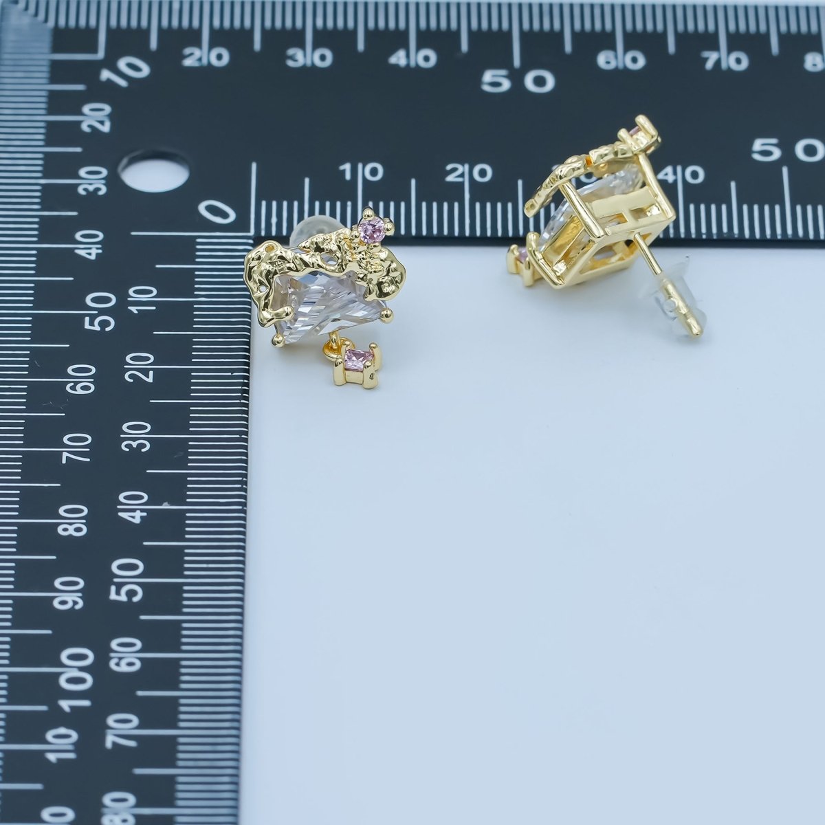 24K Gold Filled Baguette Clear CZ Drop Stud Earrings | AB325 - DLUXCA