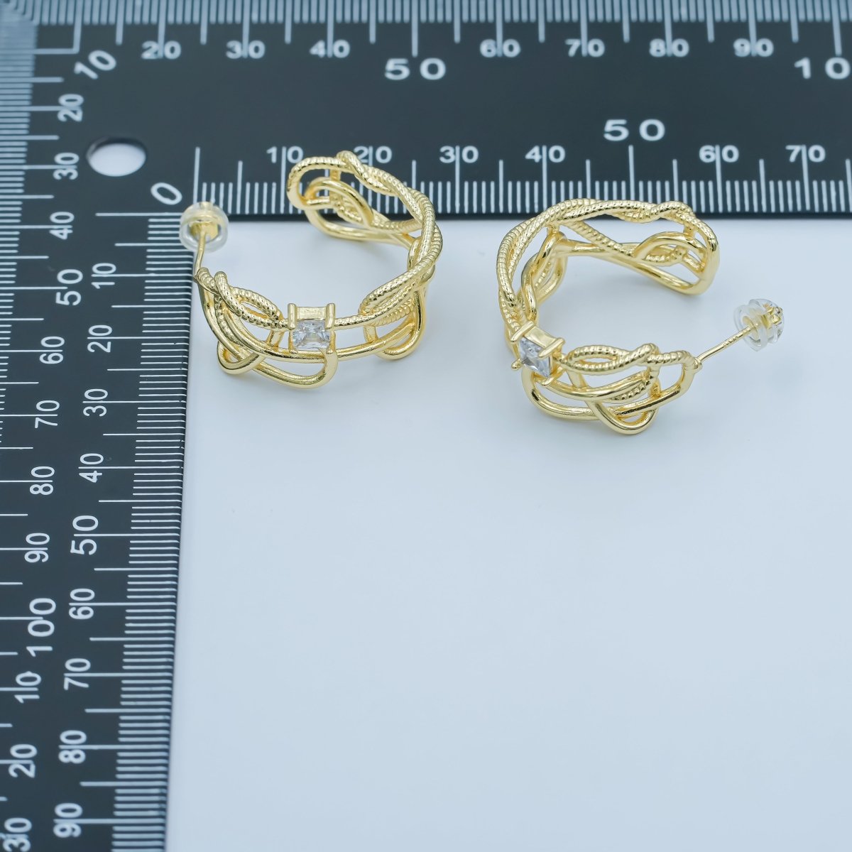 24K Gold Filled Baguette Clear CZ Multiple Rope C - Shaped Hoop Earring | AE784 - DLUXCA