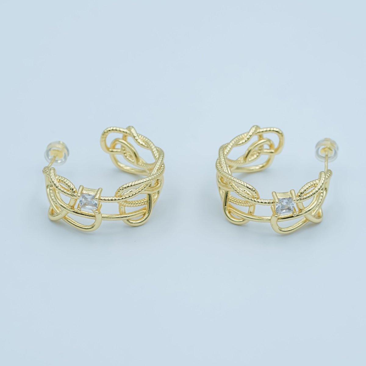 24K Gold Filled Baguette Clear CZ Multiple Rope C - Shaped Hoop Earring | AE784 - DLUXCA