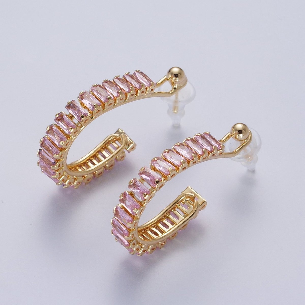 24K Gold Filled Baguette Cubic Zirconia C Shaped Open Hoop Studs Earrings Q-080 Q-091 Q-111 Q-125 Q-126 Q-127 Q-128 Q-130