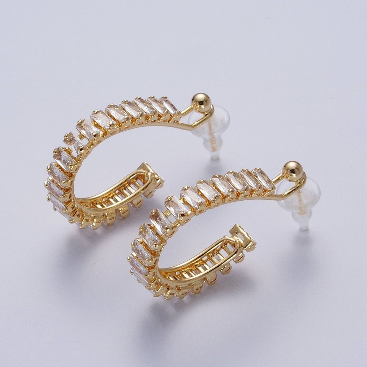 24K Gold Filled Baguette Cubic Zirconia C Shaped Open Hoop Studs Earrings Q-080 Q-091 Q-111 Q-125 Q-126 Q-127 Q-128 Q-130