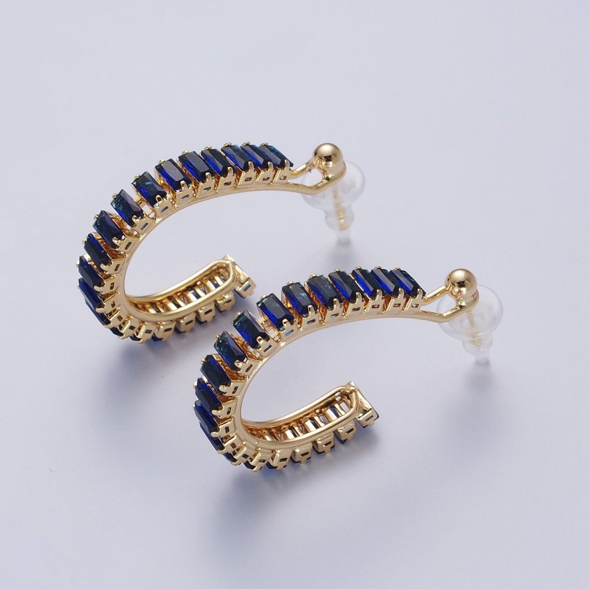 24K Gold Filled Baguette Cubic Zirconia C Shaped Open Hoop Studs Earrings Q-080 Q-091 Q-111 Q-125 Q-126 Q-127 Q-128 Q-130