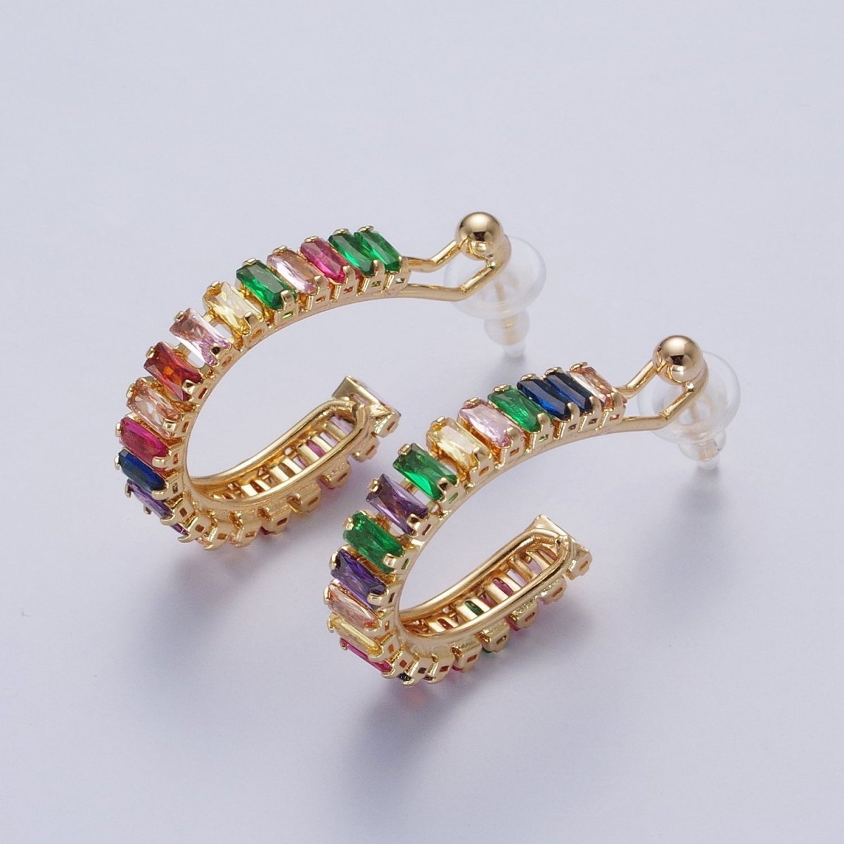 24K Gold Filled Baguette Cubic Zirconia C Shaped Open Hoop Studs Earrings Q-080 Q-091 Q-111 Q-125 Q-126 Q-127 Q-128 Q-130