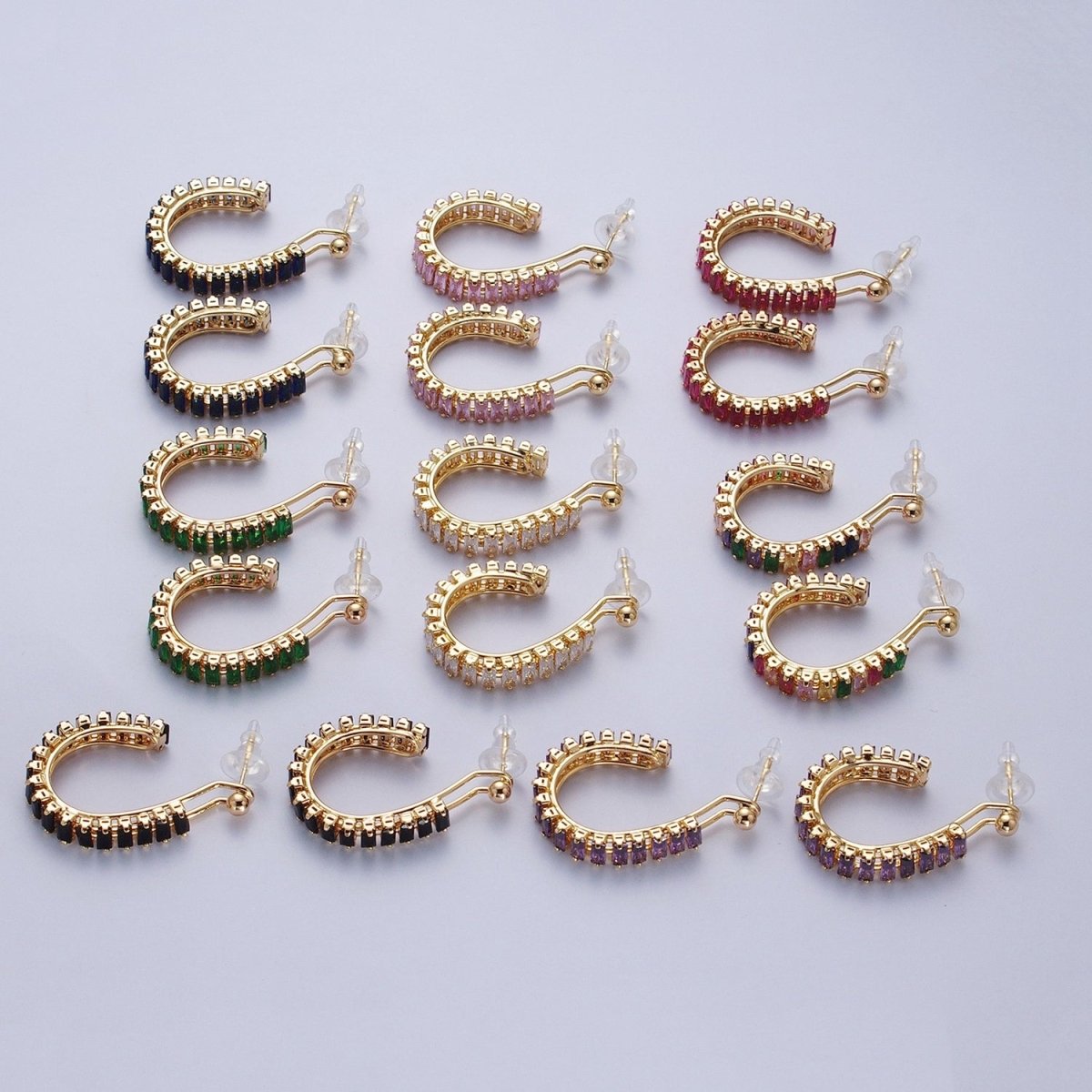 24K Gold Filled Baguette Cubic Zirconia C Shaped Open Hoop Studs Earrings Q-080 Q-091 Q-111 Q-125 Q-126 Q-127 Q-128 Q-130