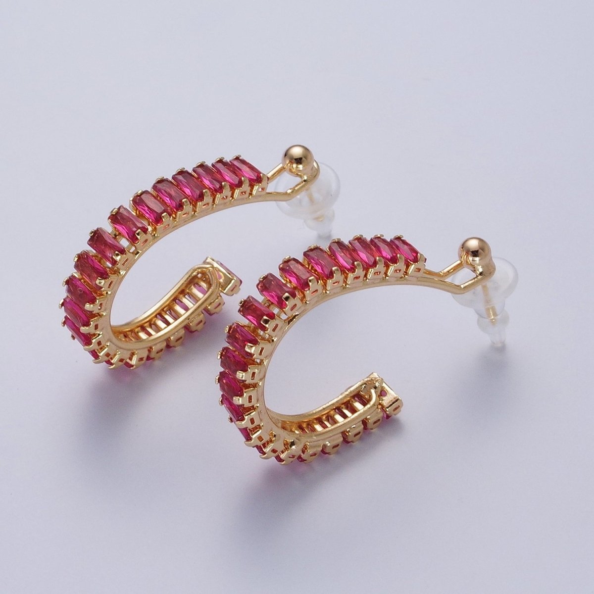 24K Gold Filled Baguette Cubic Zirconia C Shaped Open Hoop Studs Earrings Q-080 Q-091 Q-111 Q-125 Q-126 Q-127 Q-128 Q-130