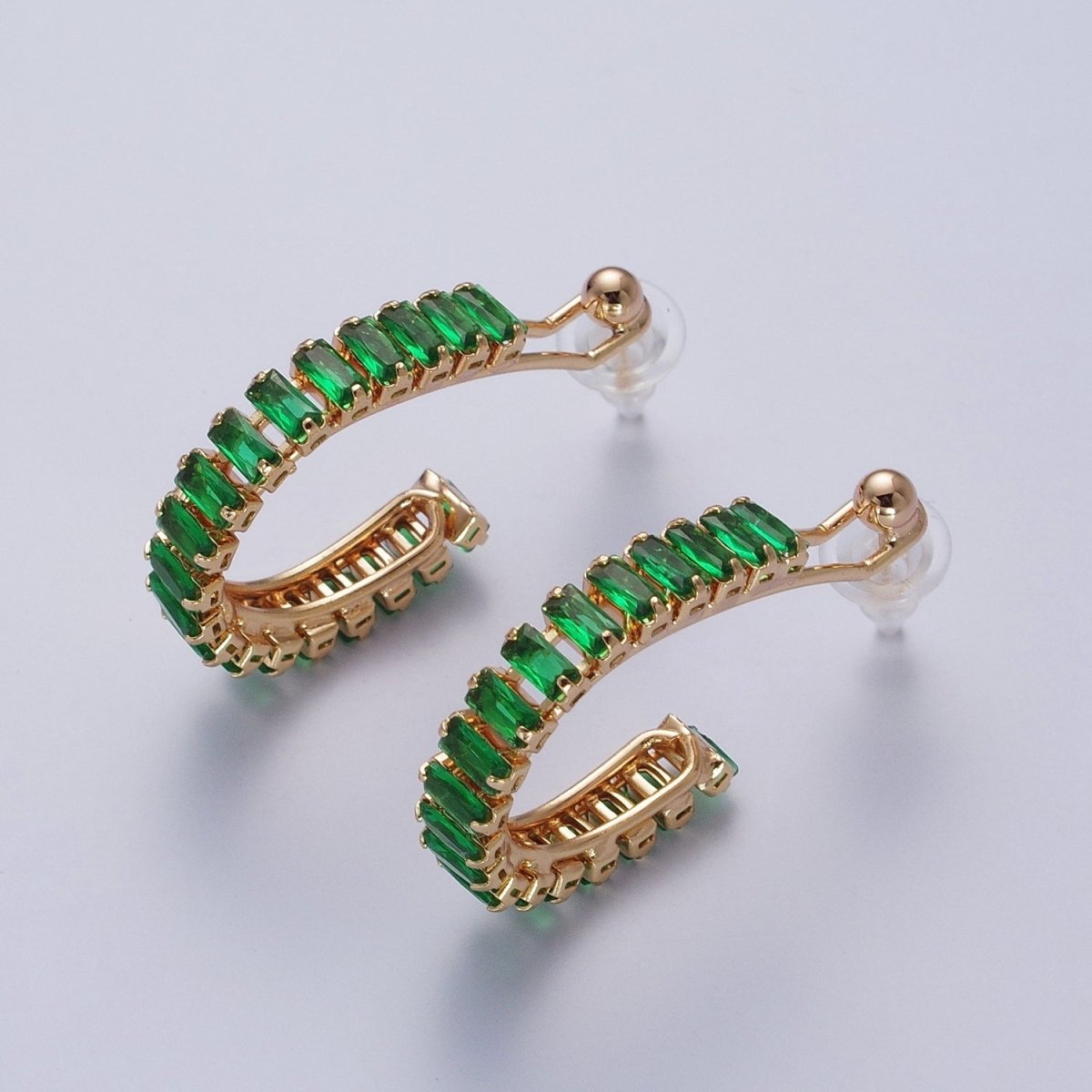 24K Gold Filled Baguette Cubic Zirconia C Shaped Open Hoop Studs Earrings Q-080 Q-091 Q-111 Q-125 Q-126 Q-127 Q-128 Q-130