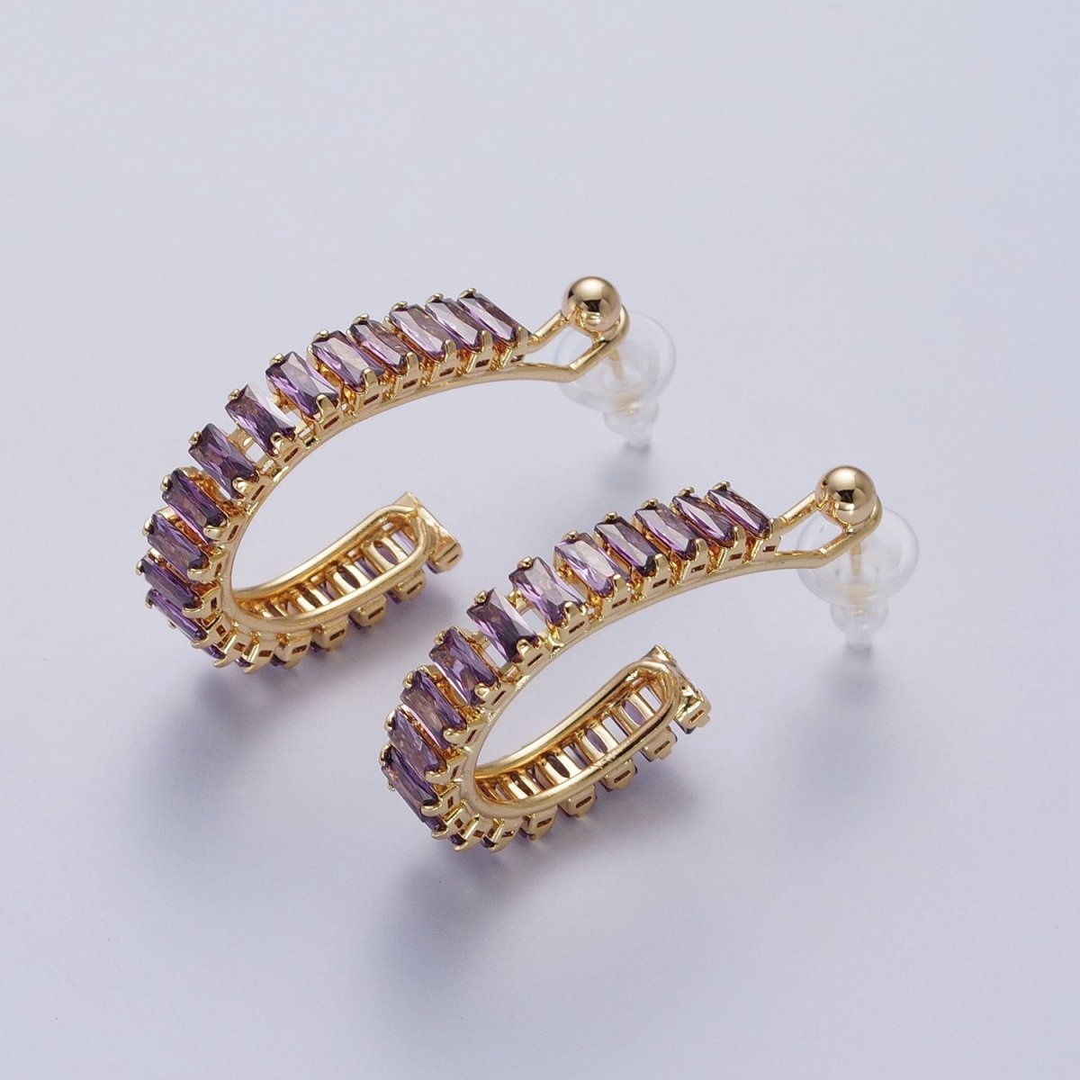 24K Gold Filled Baguette Cubic Zirconia C Shaped Open Hoop Studs Earrings Q-080 Q-091 Q-111 Q-125 Q-126 Q-127 Q-128 Q-130